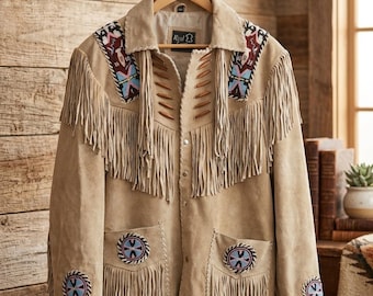 Veste à franges en daim perlée pour homme | Manteau à franges western | Manteau en daim beige | Veste de cow-boy | Veste de festival