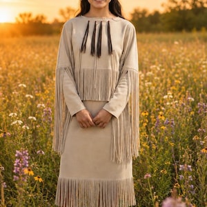 Puede incluir: Conjunto de dos piezas de ante beige con detalles de flecos. La parte superior tiene mangas largas y flecos a lo largo de las mangas y el dobladillo. La falda también tiene flecos en el dobladillo. El atuendo se usa en un campo de flores silvestres.