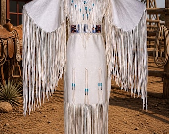 Robe en cuir blanche à franges pour femme | Robe western en cuir suédé Rodeo | Robe perlée d'inspiration autochtone | Tenue de festival bohème