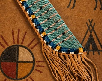 Gaine de couteau en perles d'inspiration autochtone : Perles de verre faites à la main, perlage, housse de couteau en cuir perlé indien Sioux