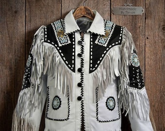 Veste en cuir blanche et noire à franges pour homme | Manteau western perlé fait main | Cadeau festival de rodéo