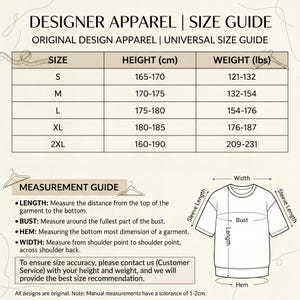 Puede incluir: Una tabla de gu&iacute;a de tallas para ropa de dise&ntilde;ador con columnas para talla, altura en cm y peso en libras. Incluye una gu&iacute;a de medidas con un dibujo lineal de una camiseta que muestra la longitud, el busto, el ancho y el dobladillo.