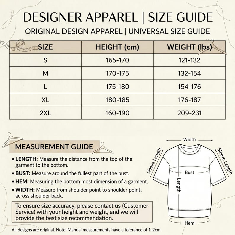 Puede incluir: Una tabla de gu&iacute;a de tallas para ropa de dise&ntilde;ador con columnas para talla, altura en cm y peso en libras. Incluye una gu&iacute;a de medidas con un dibujo lineal de una camiseta que muestra la longitud, el busto, el ancho y el dobladillo.