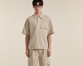 Polo de manga corta para hombre, color blanco, mezcla de algodón, corte relajado, estilo minimalista de verano con cuello.
