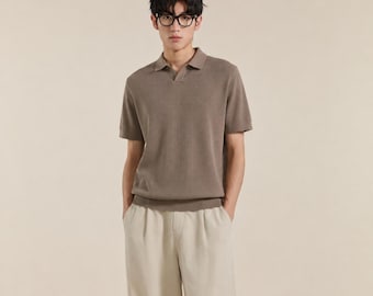 Polo de punto de ajuste cómodo para hombre, de acetato de algodón color caqui