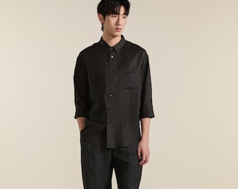 Camisa cómoda de manga corta para hombre, color café oscuro, de Tencel, viscosa y algodón.