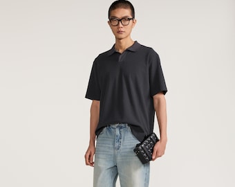 Polo de punto de manga corta extragrande para hombre, de mezcla de algodón azul marino y negro.