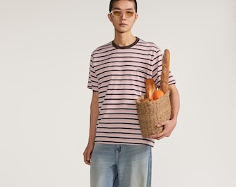 Camiseta de manga corta extragrande para hombre, 100% algodón, a rayas rosas y marrones