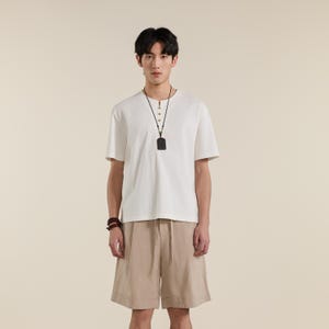 Men's White Short Sleeve T-Shirt, Cotton Blend Button Placket, Relaxed Fit Minimalist Summer Top