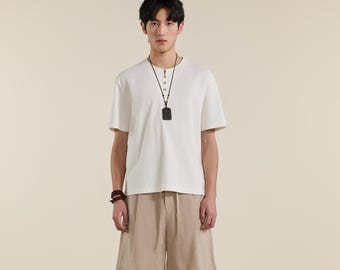 Camiseta blanca de manga corta para hombre, mezcla de algodón, tapeta de botones, corte relajado, estilo minimalista de verano.