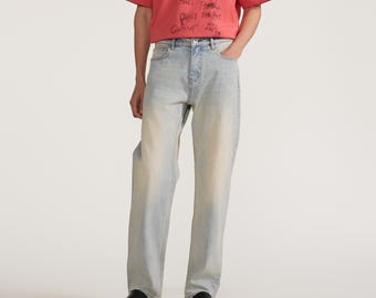 Jean bleu denim ample décontracté en coton mélangé pour hommes