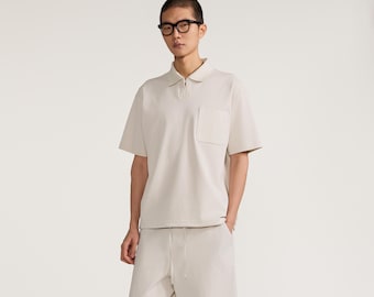 Polo de punto de algodón extragrande / Camiseta de manga corta gris avena de corte relajado