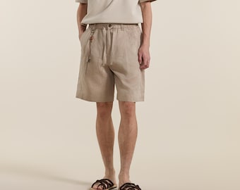 Pantalones cortos plisados con cordón ajustable para hombre, color gris caqui, 100 % lino puro.
