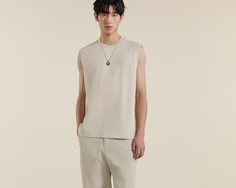 Camiseta sin mangas para hombre color gris albaricoque, chaleco holgado de mezcla de algodón, camisa minimalista de verano.