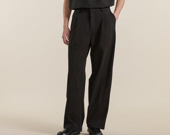 Pantalones de pierna ancha para hombre, plisados, de punto, corte holgado, mezcla de algodón, color negro, estilo urbano casual minimalista.