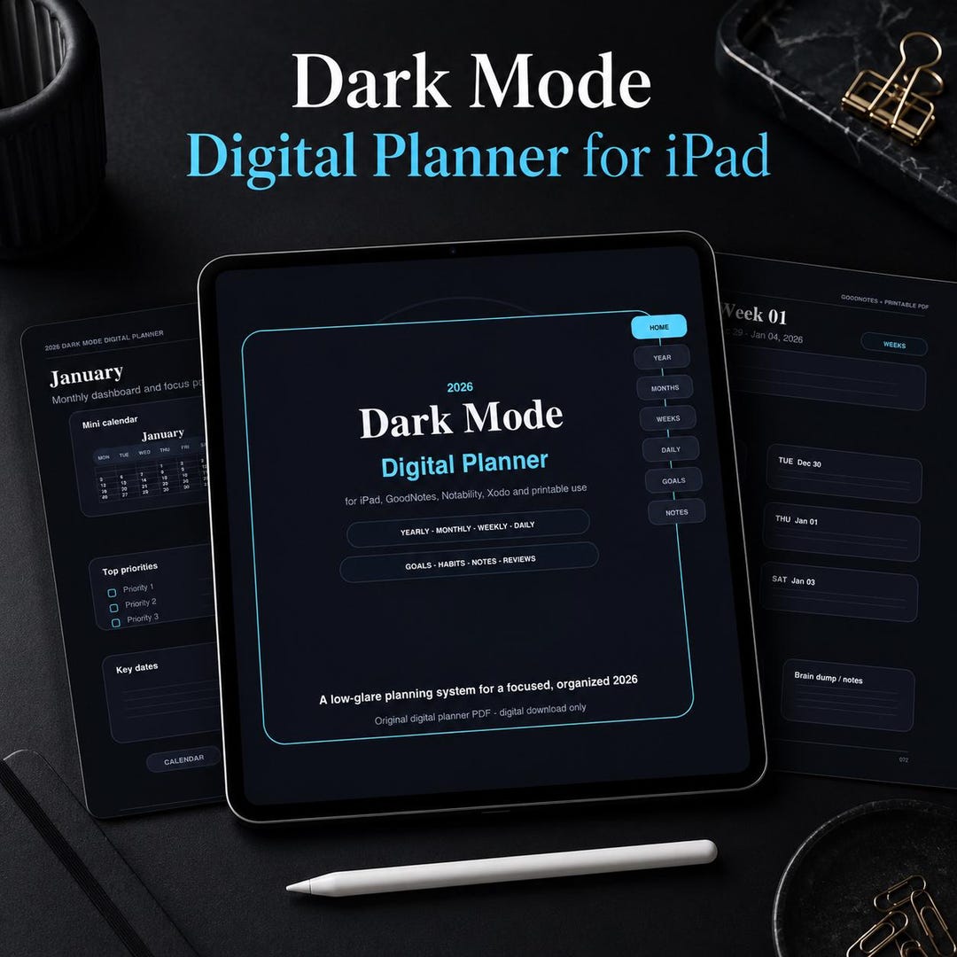 Dark Mode Digital Planner for iPad 2026 | Goodnotes Planner Printable ...