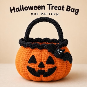 May include: A crochet Halloween treat bag featuring a bright orange pumpkin design with a black jack-o'-lantern face, a black handle, and a small black bat appliqué. The text above reads Halloween Treat Bag PDF PATTERN.