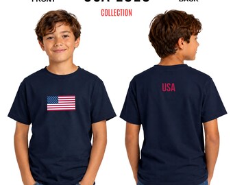Maglietta per ragazzi con bandiera americana / Maglietta con stampa USA sul retro per ragazzi e ragazze