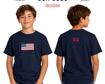 Maglietta per ragazzi con bandiera americana / Maglietta con stampa USA sul retro per ragazzi e ragazze