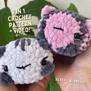 Könnte beinhalten: Zwei gehäkelte Katzenspielzeuge, eines weiß und grau, das andere rosa und grau. Die Spielzeuge haben schwarze Augen und aufgestickte Gesichtsmerkmale. Der Text auf dem Bild lautet "2 IN 1 CROCHET PATTERN + VIDEO!" und "SILVER + WILDBERRY".