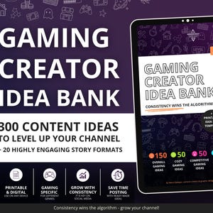 Könnte beinhalten: Ein digitales Produkt namens "Gaming Creator Idea Bank" mit dem Text "300 Content-Ideen, um deinen Kanal aufzuwerten". Das Bild zeigt ein Tablet, das das Produkt anzeigt, zusammen mit Symbolen und Text, die Funktionen wie Sofort-Download bewerben.