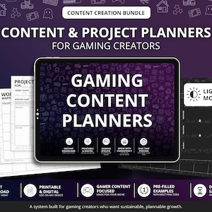Puede incluir: Un paquete digital de creación de contenido para creadores de juegos. La imagen presenta una tableta que muestra "Gaming Content Planners" con iconos para descarga instantánea, imprimible y digital y centrado en el contenido del jugador. Incluye planificadores semanales, mensuales y de proyectos.