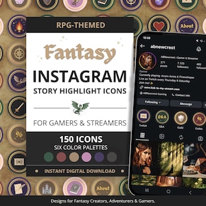May include: A digital product display featuring 150 RPG-themed Instagram story highlight icons in six color palettes. The graphic includes the text Fantasy INSTAGRAM STORY HIGHLIGHT ICONS FOR GAMERS & STREAMERS and a smartphone showing a profile.