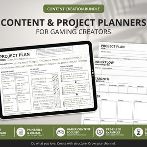 May include: A digital content creation bundle for gaming creators. The image shows a tablet displaying a project plan, with additional printable and digital planner sheets. The bundle includes weekly, monthly, and workflow planners, designed to save time.