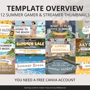 Peut inclure: Un aperçu de modèle présentant 12 vignettes pour joueurs et streamers sur le thème de l'été. La grille affiche divers designs avec du texte comme Summer Vacation Gamer Vlog, Going to the Beach, Summer Sale et Summer Essentials. Nécessite un compte Canva gratuit.
