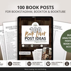 May include: A digital product display featuring 100 Book Lover Post Ideas for content creators. The central tablet screen shows the title text, surrounded by white paper lists of book content formats and a green circle with text about high-performing accounts.