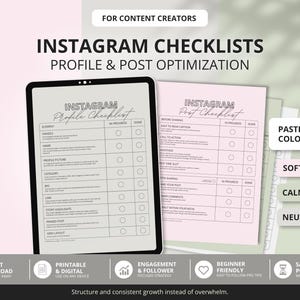 Può includere: Un set di checklist di Instagram per creatori di contenuti. L'immagine mostra un tablet e un foglio rosa con checklist per l'ottimizzazione del profilo e dei post. Le checklist sono etichettate con il testo "Instagram Profile Checklist" e "Instagram Post Checklist". Il set include colori pastello.