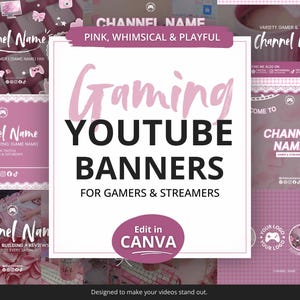 Gaming Banner Templates - Pink, Cute YouTube Designs - for Streamers, Gamers, Content Creators - Canva Editable