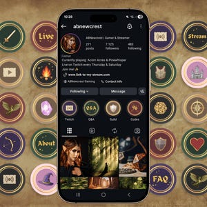 May include: A smartphone displaying an Instagram profile for ABNewcrest, a gamer and streamer. The screen shows a profile picture, bio text, and circular highlight icons featuring fantasy-themed graphics like swords, shields, and crystals.