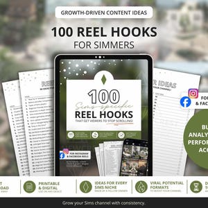 May include: A digital guide titled "100 Reel Hooks for Simmers" displayed on a tablet and phone. The guide includes a list of ideas for Instagram and Facebook reels, designed to help Simmers grow their channel. The design is green and white.