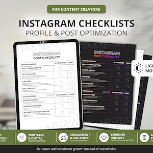 Può includere: Un set di liste di controllo di Instagram per i creatori di contenuti. L'immagine mostra un tablet che visualizza una lista di controllo, con una lista di controllo in modalità oscura dietro. Le liste di controllo sono per l'ottimizzazione del profilo e dei post. L'immagine include anche icone per il download immediato, stampabile e digitale, coinvolgimento e follower, per principianti e risparmio di tempo.