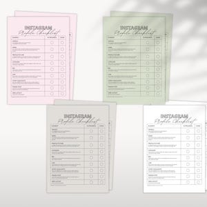 May include: Four sheets of paper in pink, green, gray, and white, each with an "Instagram Profile Checklist" title. The checklist includes sections for elements like "Handle," "Bio," and "Story Highlights," with check boxes.