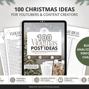 May include: A digital guide titled 100 Vlogmas Post Ideas for YouTubers and content creators, featuring lists of holiday content suggestions, a tracker for ideas, and a dark green circular badge stating it is built by analysing high-performing channels.