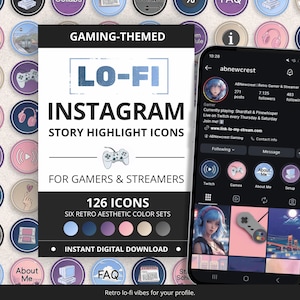 May include: A collection of 126 circular digital icons for Instagram story highlights, featuring gaming-themed graphics in six color palettes. A smartphone displays a profile using these icons, with text reading LO-FI INSTAGRAM STORY HIGHLIGHT ICONS.