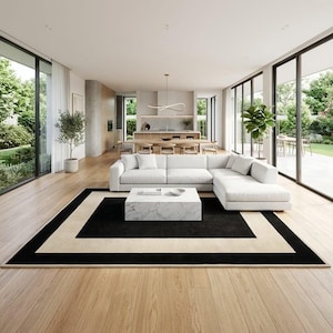 May include: A rectangular area rug featuring a bold geometric design with a large central black rectangle bordered by a wide beige frame and a thin black outer edge, positioned on light-toned wooden flooring in a spacious open-plan living area.