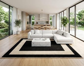 Black Cream Area Rug, Modern Geometric Wool Rug, Hand Tufted New Zealand Wool Carpet, Minimalist Living Room Rug, Contemporary Decor