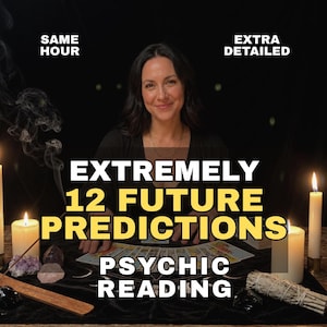 May include: A psychic reading service featuring 12 future predictions with text overlays reading SAME HOUR, EXTRA DETAILED, EXTREMELY 12 FUTURE PREDICTIONS, and PSYCHIC READING. The scene includes lit candles, tarot cards, crystals, and sage.