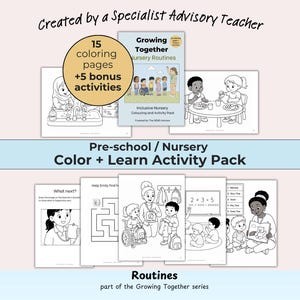 May include: A pre-school and nursery colour and learn activity pack featuring 15 colouring pages and 5 bonus activities. The collection includes black and white illustrations of children in classroom routines, maths problems, and mazes, titled Growing Together.