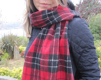 Red Black Tartan Plaid Blanket Scarf – Wool Blend Flannel Shawl
