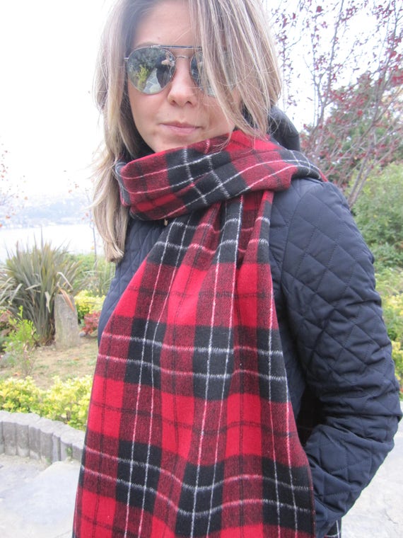 1pc Two-tone Plaid Thick Scarf With Tassels, Soft & Warm, Unisex