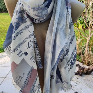 Music Scarf, Music Notes Scarf, Gift for Her, Gift For Musician, Musical Scarf, Musical Print Scarf, Book Text Writing Scarf for women man image 1