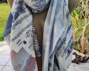 Musical Notes Print Scarf, Lightweight Cotton Gauze