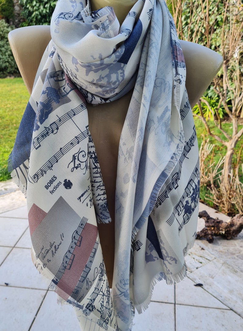 Music Scarf, Music Notes Scarf, Gift for Her, Gift For Musician, Musical Scarf, Musical Print Scarf, Book Text Writing Scarf for women man image 1