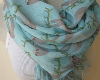 Animal scarves /Sloth scarf, sloth print fabric accessories-trending scarf gifts 2025 teens fashion scarf, turquoise blue-Scarves2012 Turkey