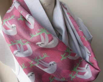 Sloth scarf - sloth gifts -Fashion Accessory -animal scarves/ Women Accessory -Gifts For Her-For Him-Unisex infinity linen scarf-denim blue