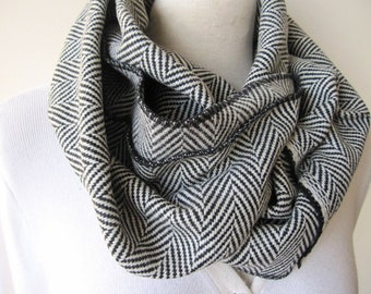 Grey black herringbone, cashmere infinity scarf, super warm tweed wool loop scarf, woman man winter fashion